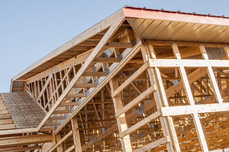 Details of the framing of a new wood framed building under construction. Details of the framing of a new wood framed building under construction