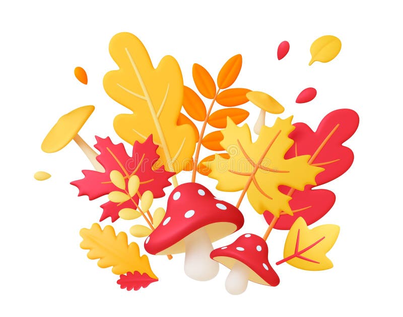 Otoño vibrante 3d deja composición de hongos. casta de hojas rojas amarillas elementos vectoriales de roble amanita y arce. decora ilustración del vector