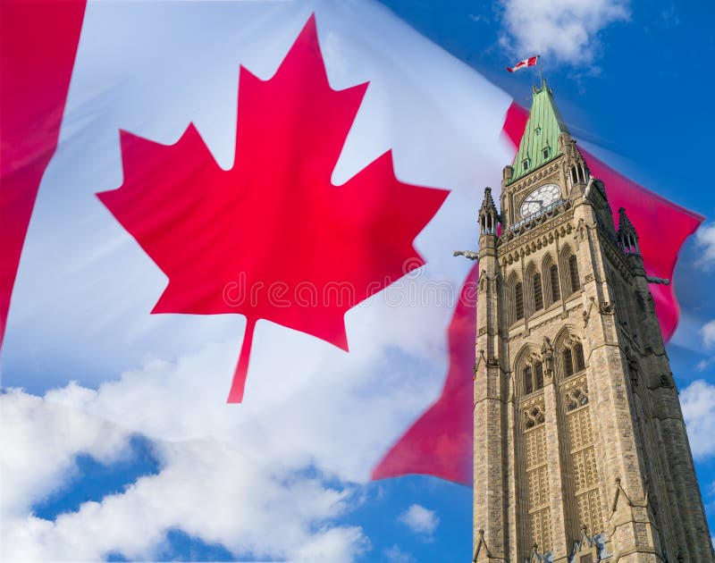 Ottawa Parliament Clock Tower with flag in sky stock photography Ottawa Parliament Clock Tower with flag in sky stock photography