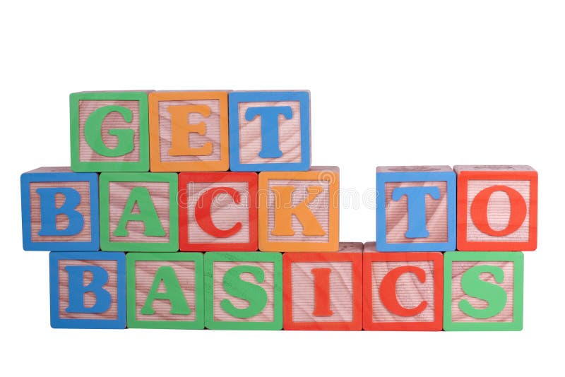 Get back to basics is spelled in wooden letter blocks, isolated on white background, clipping path included. Get back to basics is spelled in wooden letter blocks, isolated on white background, clipping path included