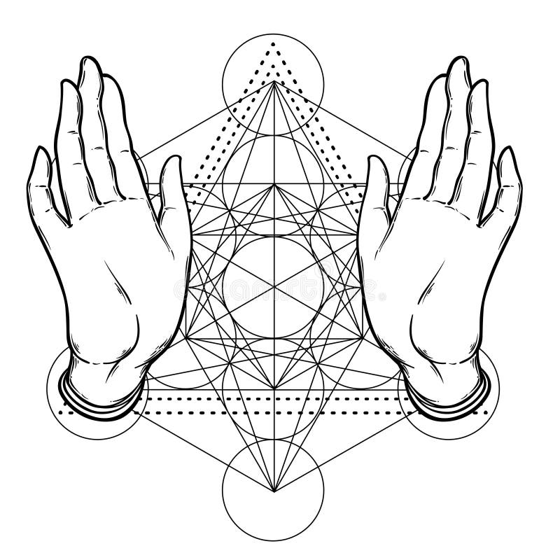 Otwarte ręki nad świętą geometrią, Metatrons sześcian, kwiat życie royalty ilustracja Otwarte ręki nad świętą geometrią, Metatrons sześcian, kwiat życie royalty ilustracja
