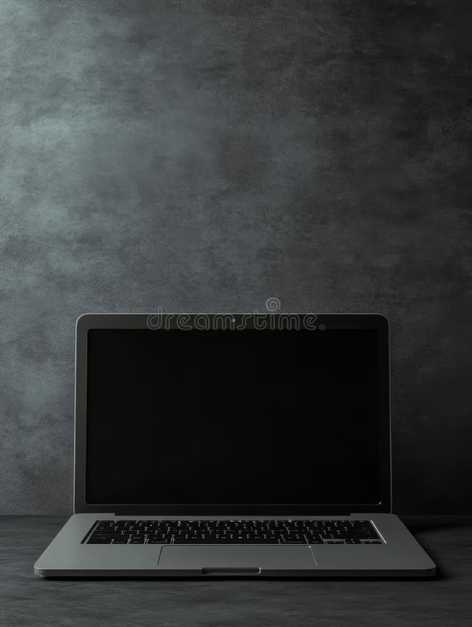 Otwarty notebook ciemnoszary tło w ciemnoszarym tle z zamkniętym komputerem symbolizuje minimalizm technologiczny royalty ilustracja