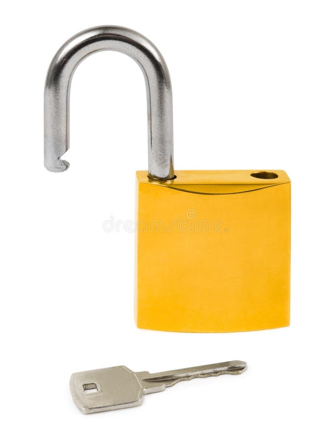 Opened lock and key isolated on white background. Opened lock and key isolated on white background