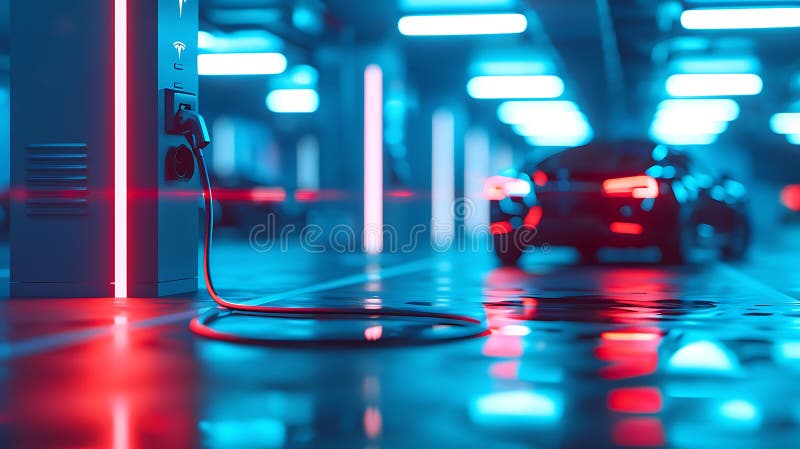 Otydlig elbil vid laddningsstation för laddningsbart elbatteri. ren energiteknik.