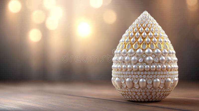 Ou rafinat din bijutier, împodobit cu perle și filigree din aur pe o suprafață din lemn royalty free stock photography