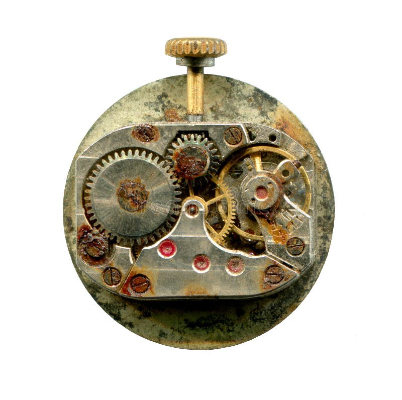 Oud horloge roestig die mechanisme op witte achtergrond wordt geïsoleerd Steampunkelement voor ontwerp
