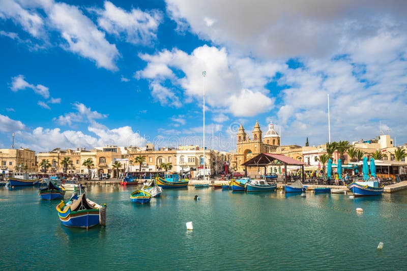 Oud vissersdorp van Marsaxlokk, Malta stock foto's