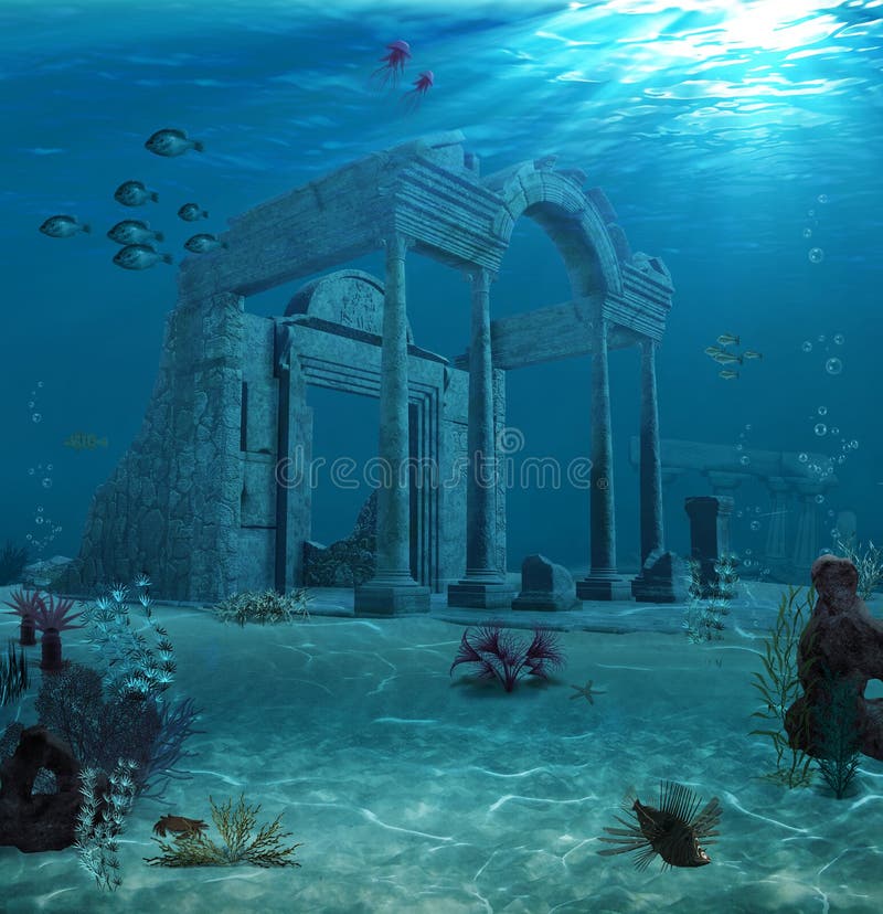 Oude Atlantis ruïneert Onderwater stock illustratie Oude Atlantis ruïneert Onderwater stock illustratie