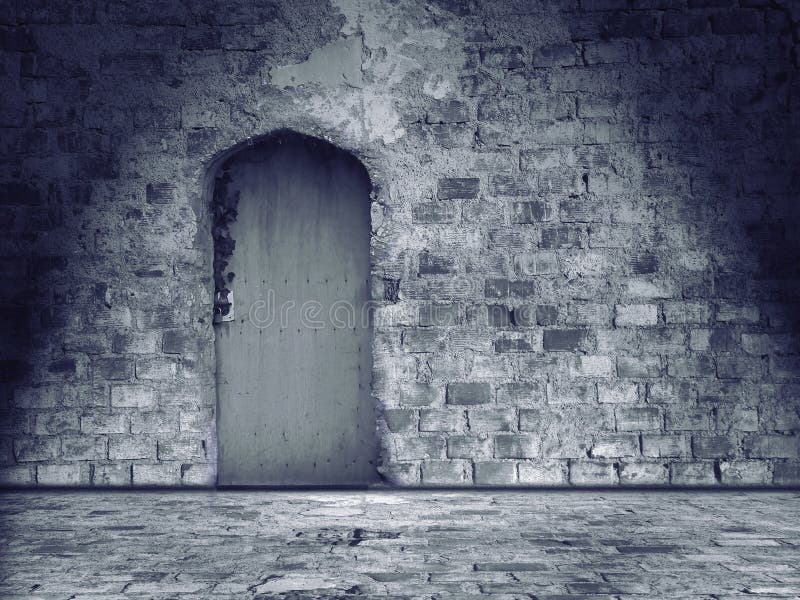 Oude beschadigde steenmuur en vloer met gesloten deur royalty-vrije stock afbeeldingen Oude beschadigde steenmuur en vloer met gesloten deur royalty-vrije stock afbeeldingen