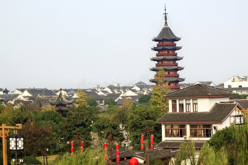 Ancient Chinese Ruigang Pagoda Dates Back to Song Dynasty Red Lanterns Suzhou Style Buildings Apartments Suzhou China. Ancient Chinese Ruigang Pagoda Dates Back to Song Dynasty Red Lanterns Suzhou Style Buildings Apartments Suzhou China