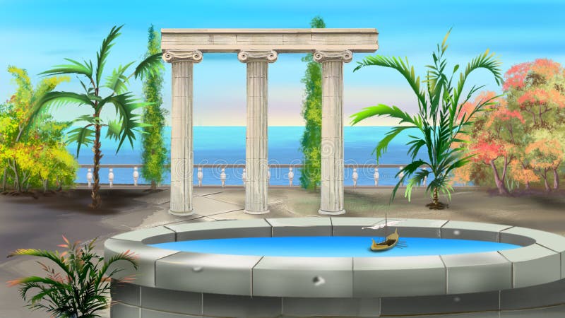 Ancient Colonnade in a summer day. Background, Illustration in cartoon style character. Ancient Colonnade in a summer day. Background, Illustration in cartoon style character.