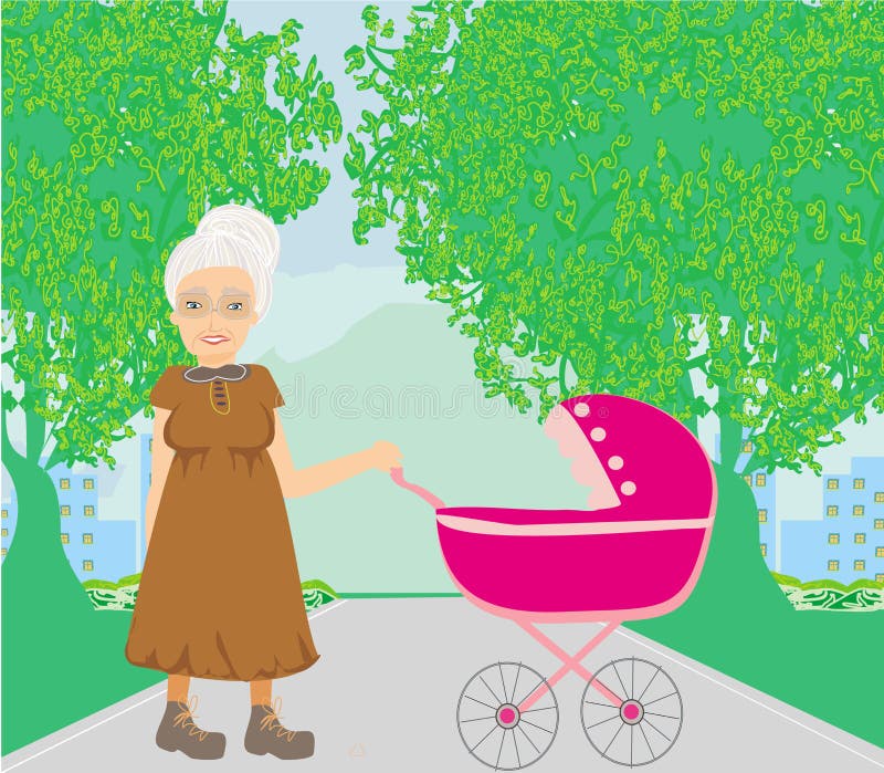 Oude dame die een wandelwagen in het park duwen royalty-vrije illustratie Oude dame die een wandelwagen in het park duwen royalty-vrije illustratie