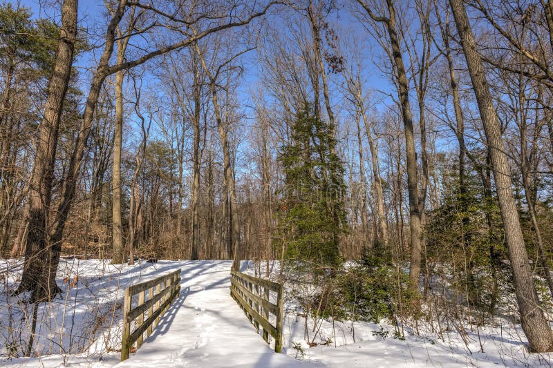 Oude die het lopen brug in het hout in sneeuw wordt behandeld stock fotografie Oude die het lopen brug in het hout in sneeuw wordt behandeld stock fotografie