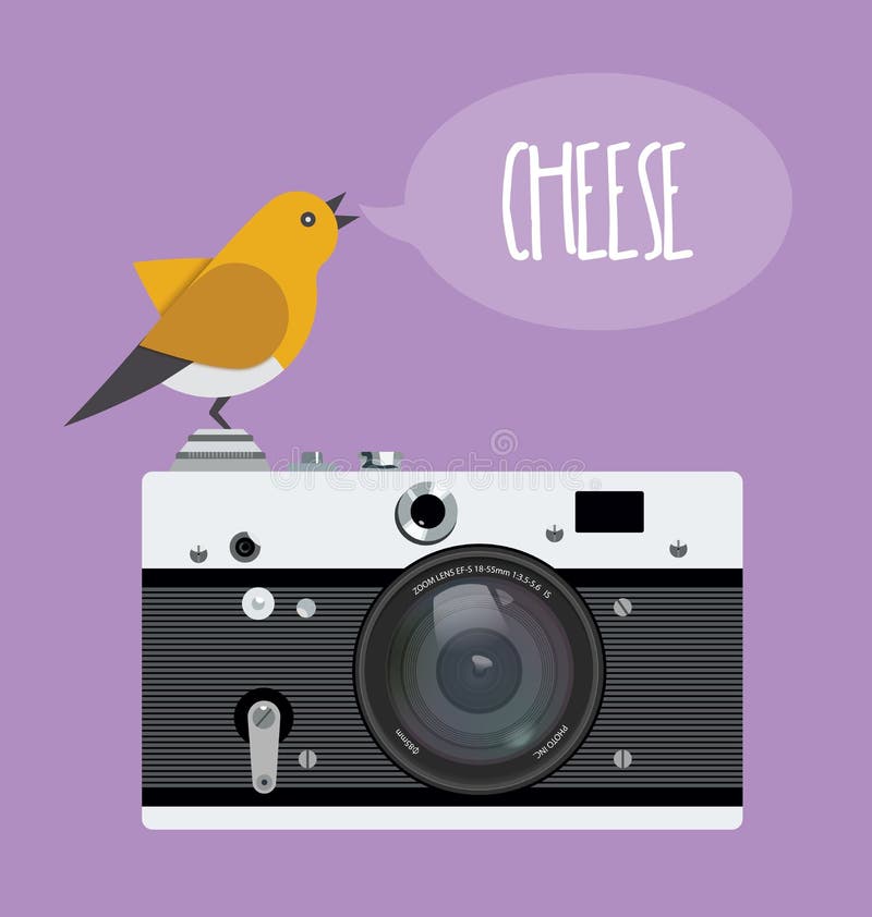 Oude fotocamera met realistische lens en beeldverhaalvogel, de kaas van de tekstbel Vectorillustratie, vlakke stijl vector illustratie Oude fotocamera met realistische lens en beeldverhaalvogel, de kaas van de tekstbel Vectorillustratie, vlakke stijl vector illustratie