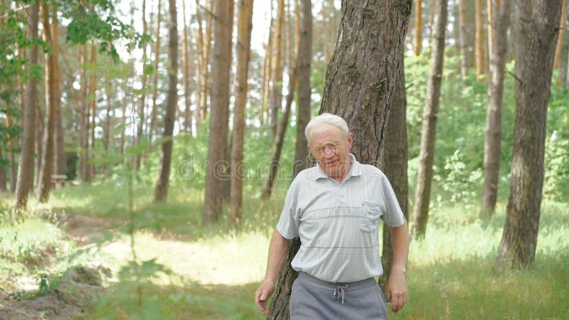 Oude mens die in openlucht in een naald bosaard lopen