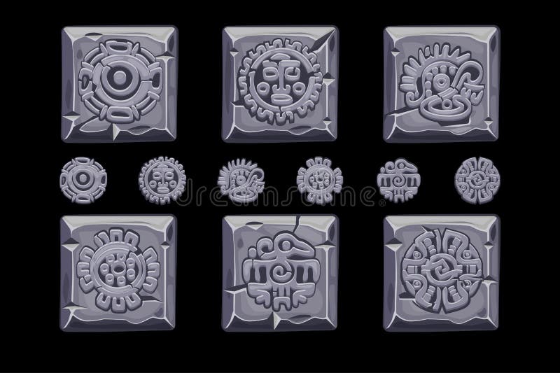 Oude Mexicaanse die mythologiesymbolen op steenvierkant worden geïsoleerd Amerikaanse Azteekse, mayan cultuur inheemse totem Vect vector illustratie Oude Mexicaanse die mythologiesymbolen op steenvierkant worden geïsoleerd Amerikaanse Azteekse, mayan cultuur inheemse totem Vect vector illustratie