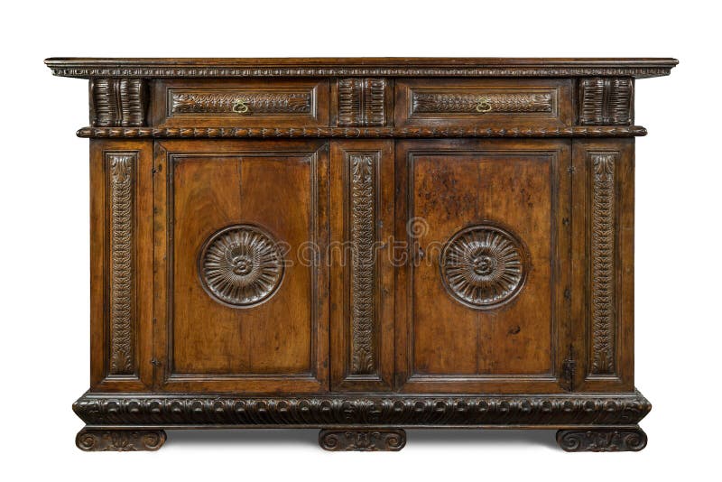 Oude originele Italiaanse uitstekende houten gesneden cabi van het buffetbuffet royalty-vrije stock foto's Oude originele Italiaanse uitstekende houten gesneden cabi van het buffetbuffet royalty-vrije stock foto's