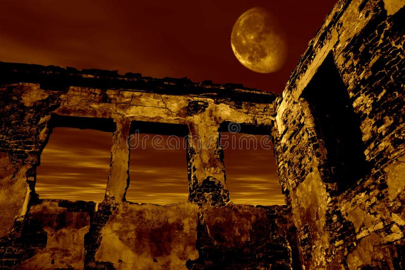 Old ruin in the moonlight. Dramatic toned. Old ruin in the moonlight. Dramatic toned