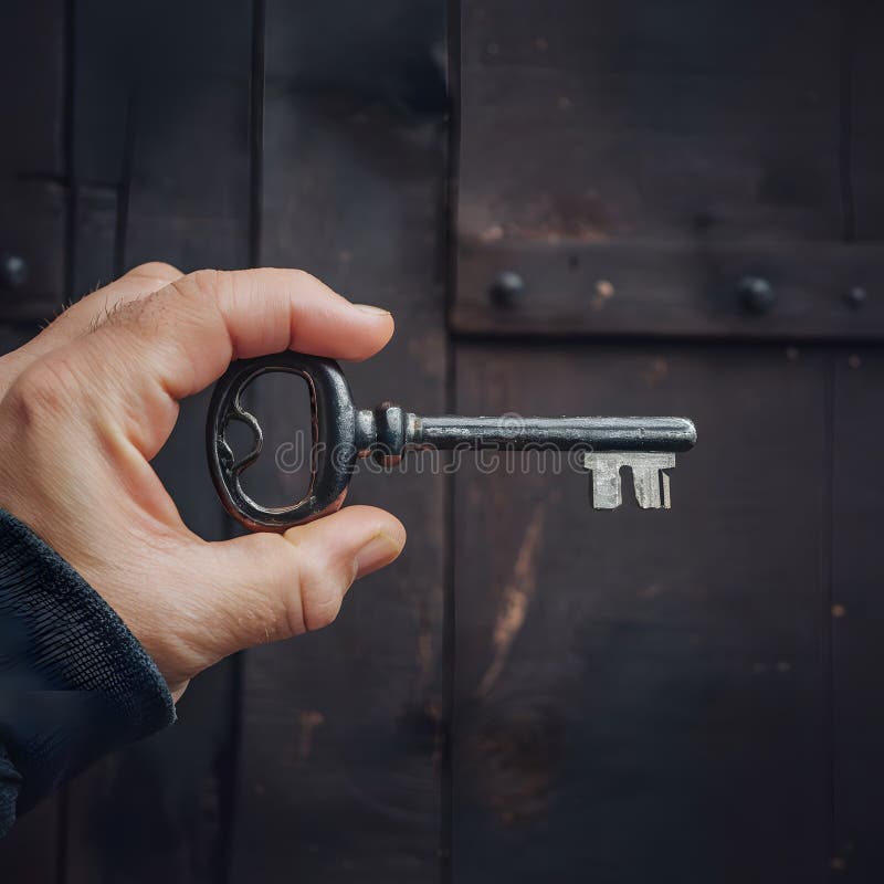 Old key held by mans hand, vintage concept image For Social Media Post Size. Old key held by mans hand, vintage concept image For Social Media Post Size