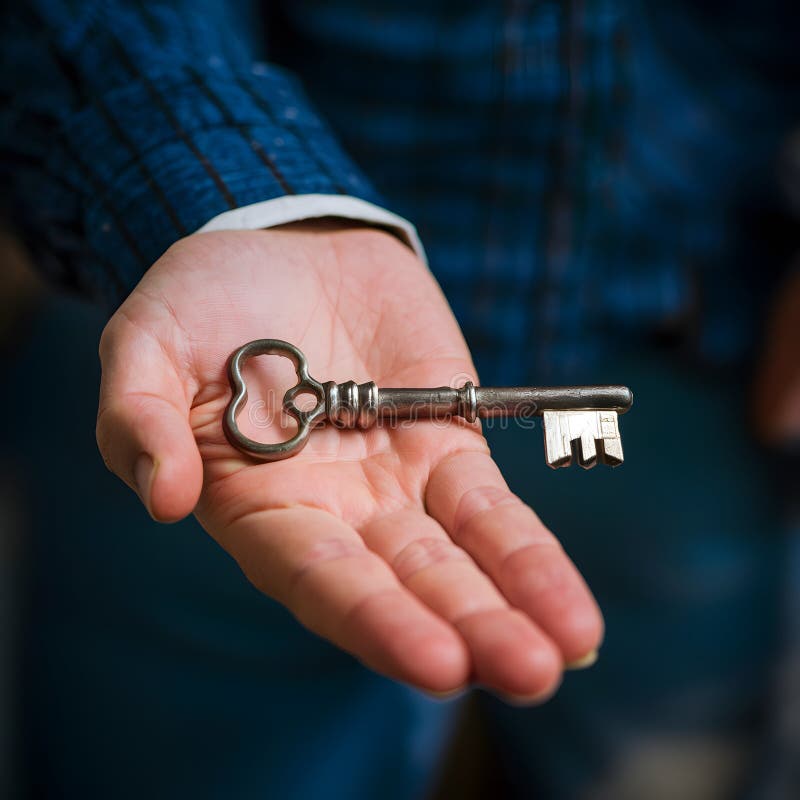 Old key held by mans hand, vintage concept image For Social Media Post Size. Old key held by mans hand, vintage concept image For Social Media Post Size