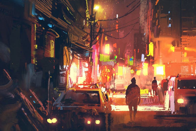 Oude straat in de futuristische stad bij nacht met kleurrijk licht