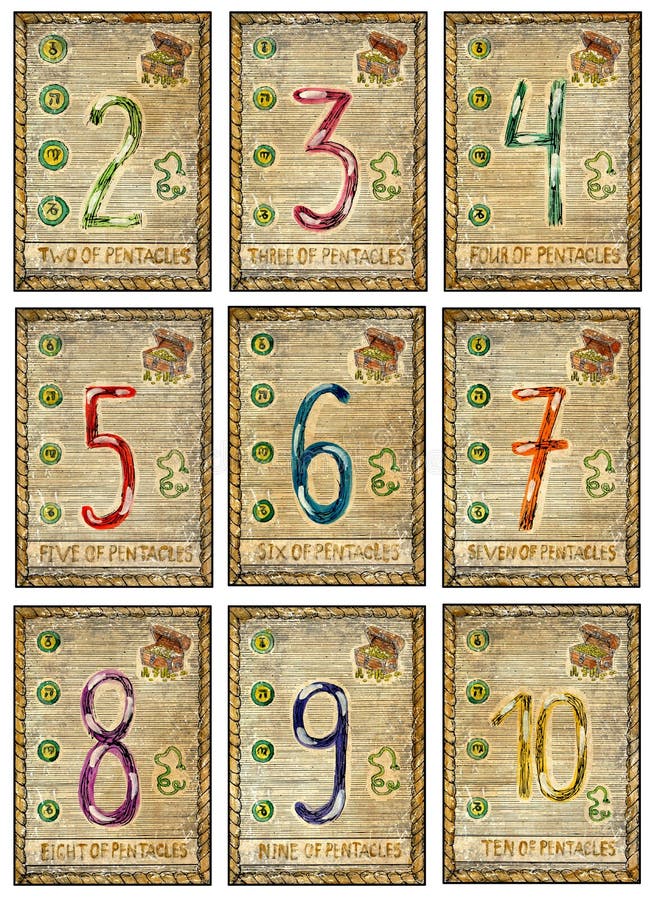 Numbers. Full colorful deck, minor arcana. The old arcana tarot card, vintage hand drawn engraved illustration with mystic symbols. Numbers. Full colorful deck, minor arcana. The old arcana tarot card, vintage hand drawn engraved illustration with mystic symbols.