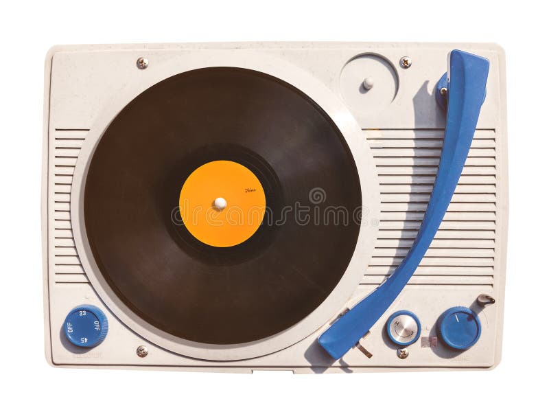 Oude vinyldiedraaischijfspeler met verslag op wit wordt geïsoleerd