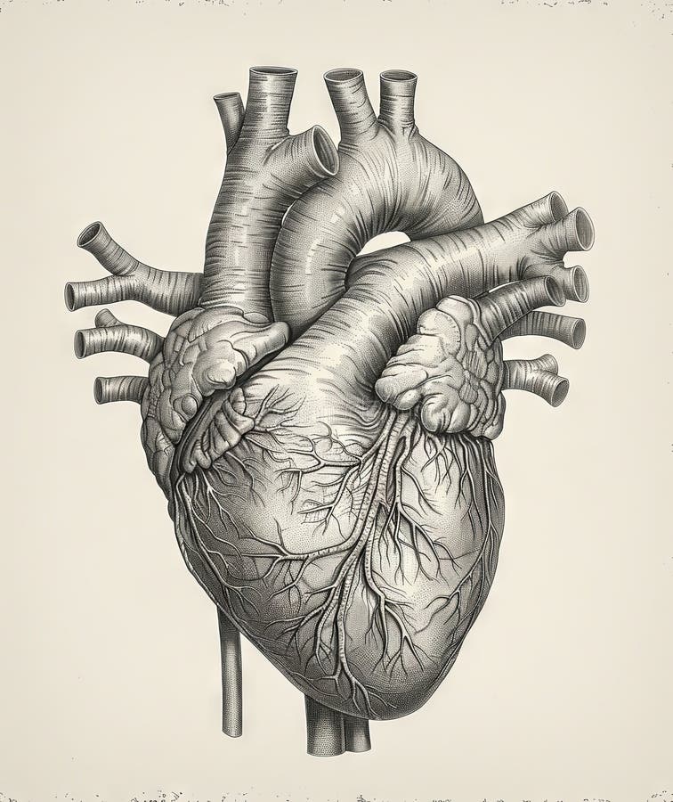 vintage black and white medical drawing of human heart, in the style of realistic. Generative AI. vintage black and white medical drawing of human heart, in the style of realistic. Generative AI.