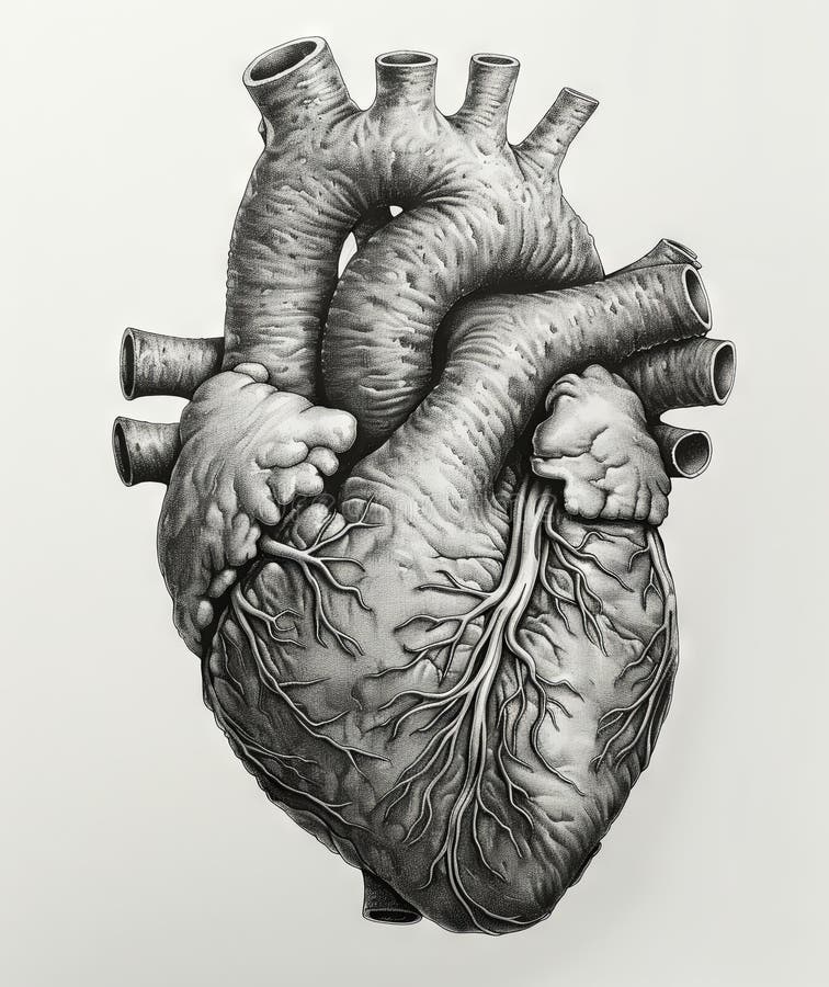 vintage black and white medical drawing of human heart, in the style of realistic. Generative AI. vintage black and white medical drawing of human heart, in the style of realistic. Generative AI.