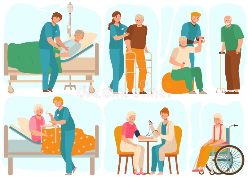 Ouderen in verpleeghuis, medisch personeel zorgt voor senioren, vectorillustratie