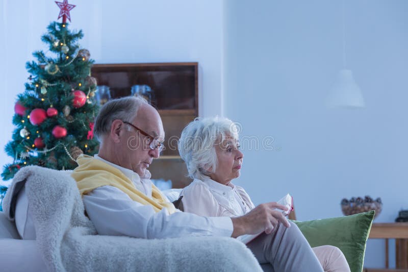 Oudsten die op de laag tijdens Kerstmis zitten royalty-vrije stock foto's Oudsten die op de laag tijdens Kerstmis zitten royalty-vrije stock foto's
