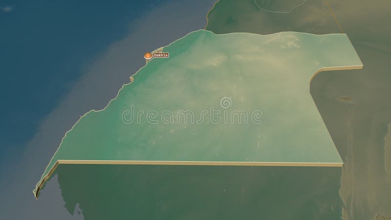 Zoom in on Oued el Dahab (province of Western Sahara) extruded. Oblique perspective. Topographic relief map with surface waters. 3D rendering. Zoom in on Oued el Dahab (province of Western Sahara) extruded. Oblique perspective. Topographic relief map with surface waters. 3D rendering