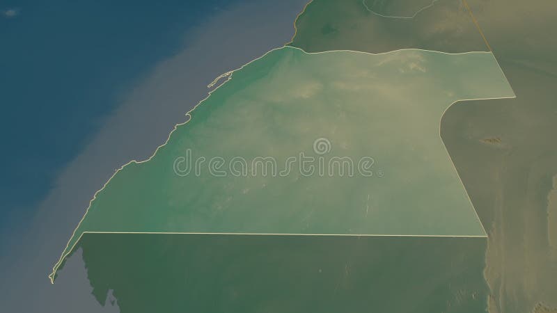 Zoom in on Oued el Dahab (province of Western Sahara) outlined. Oblique perspective. Topographic relief map with surface waters. 3D rendering. Zoom in on Oued el Dahab (province of Western Sahara) outlined. Oblique perspective. Topographic relief map with surface waters. 3D rendering