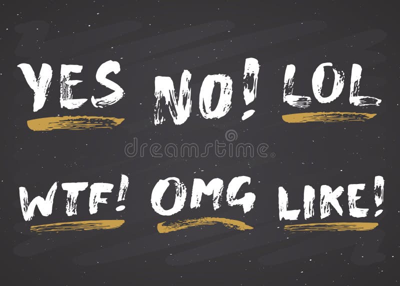 OUI, NON, COMME, LOL, OMG et WTF marquant avec des lettres les signes manuscrits a placé, texte calligraphique grunge tiré par la illustration de vecteur OUI, NON, COMME, LOL, OMG et WTF marquant avec des lettres les signes manuscrits a placé, texte calligraphique grunge tiré par la illustration de vecteur