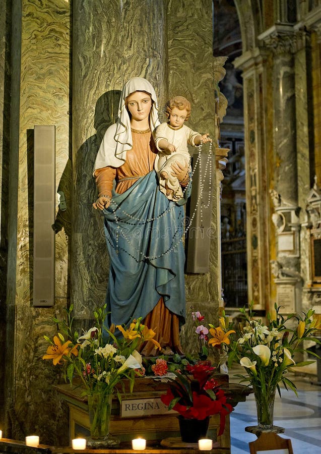 A statue of Our Lady of the Holy Rosary in the Basilica of Santa Maria sopra Minerva in Rome, Italy