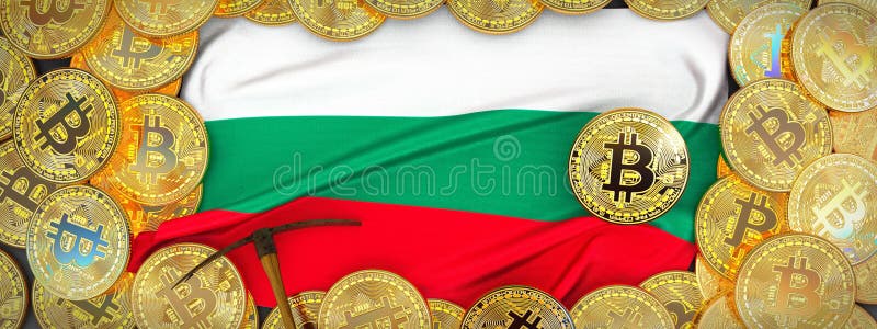 Ouro de Bitcoins em torno da bandeira de Bulgária e picareta à esquerda 3D mim ilustração stock Ouro de Bitcoins em torno da bandeira de Bulgária e picareta à esquerda 3D mim ilustração stock