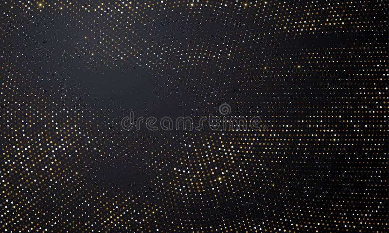 Gold and silver halftone black background. Vector golden glitter circle with dotted sparkles or halftone shine pattern texture. Gold and silver halftone black background. Vector golden glitter circle with dotted sparkles or halftone shine pattern texture