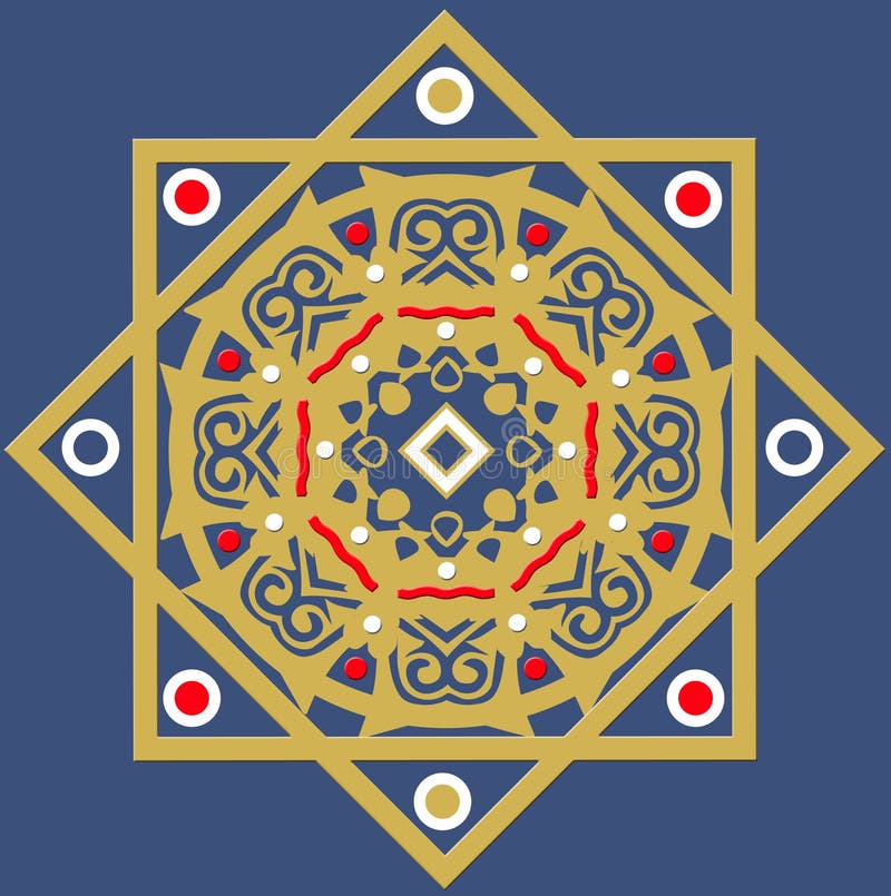 A decorative gold design on a royal blue background with red and white highlights (tiles, ceramics, motifs, cards, material). A decorative gold design on a royal blue background with red and white highlights (tiles, ceramics, motifs, cards, material).