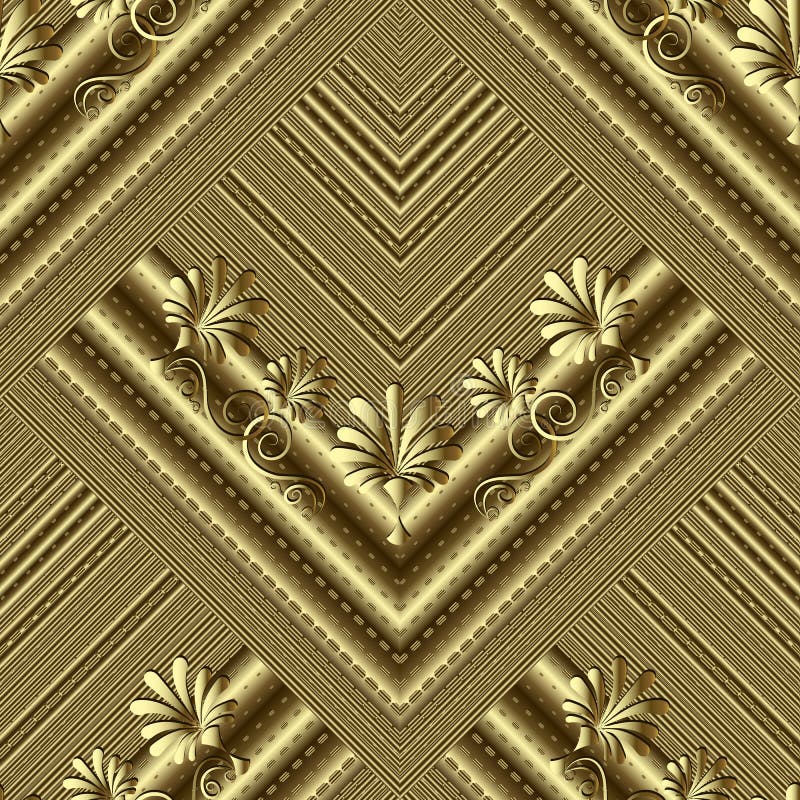 Ouro floral teste padrão sem emenda listrado do vetor 3d Fundo grego decorativo Textured do estilo A linha pontilhada repetição m ilustração stock Ouro floral teste padrão sem emenda listrado do vetor 3d Fundo grego decorativo Textured do estilo A linha pontilhada repetição m ilustração stock