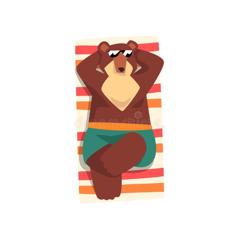 Ours dans des lunettes de soleil prenant un bain de soleil sur la plage, personnage de dessin animé animal mignon détendant sur l illustration libre de droits Ours dans des lunettes de soleil prenant un bain de soleil sur la plage, personnage de dessin animé animal mignon détendant sur l illustration libre de droits