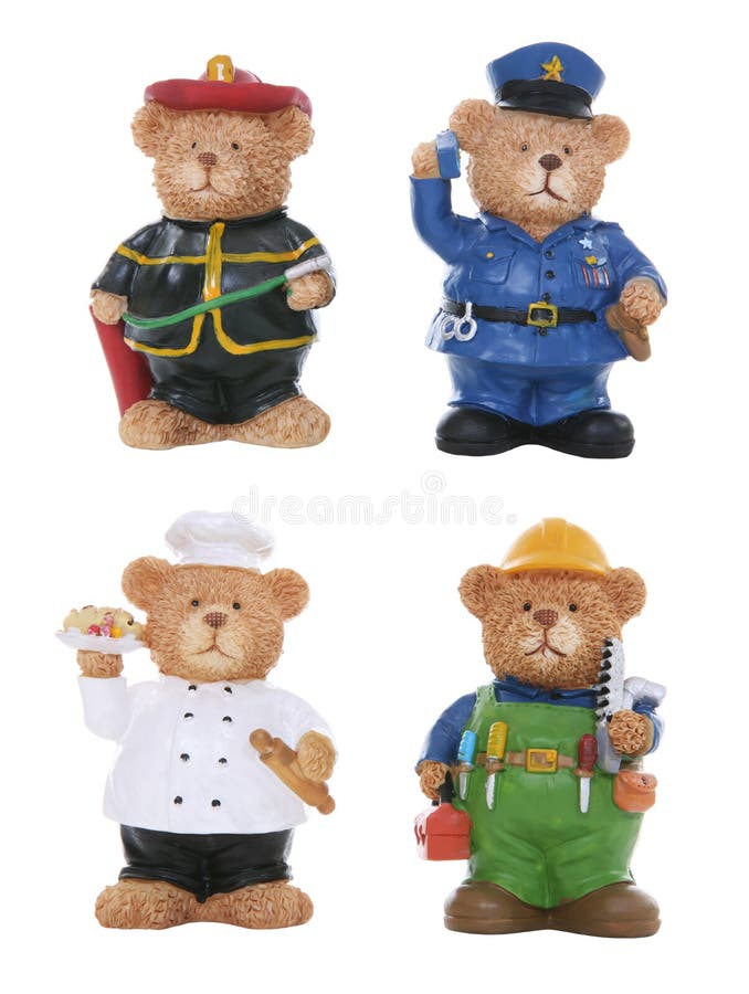 A policeman, chef, fireman, contruction worker bear toys isolated over white. A policeman, chef, fireman, contruction worker bear toys isolated over white