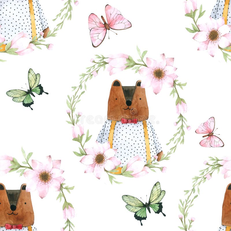 Ours mignon de modèle sans couture en guirlande de fleur pour empaqueter, tissu d'impression Image tirée par la main d'aquarelle illustration libre de droits