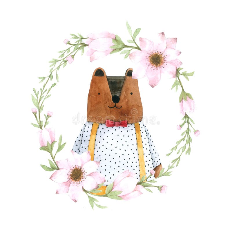 Ours mignon en guirlande de fleur pour empaqueter, tissu d'impression Image tirée par la main d'aquarelle parfaite pour la concep illustration de vecteur