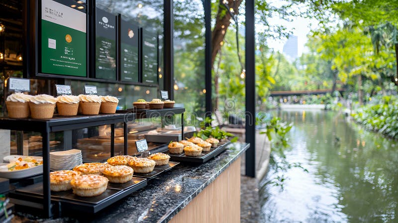 Bakery display with lush garden views stock illustration