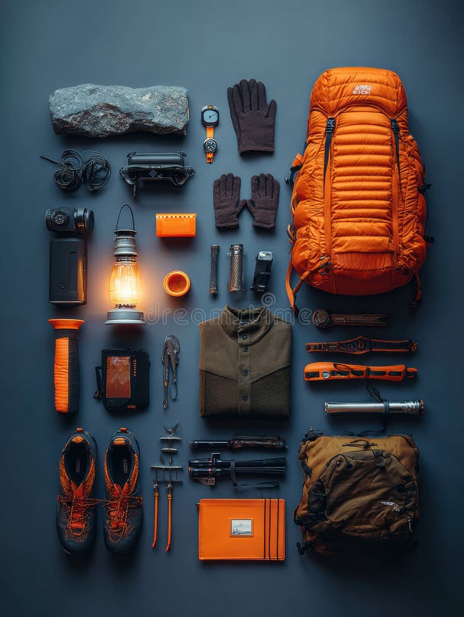Flat lay arrangement of essential outdoor camping gear and equipment for adventure preparation