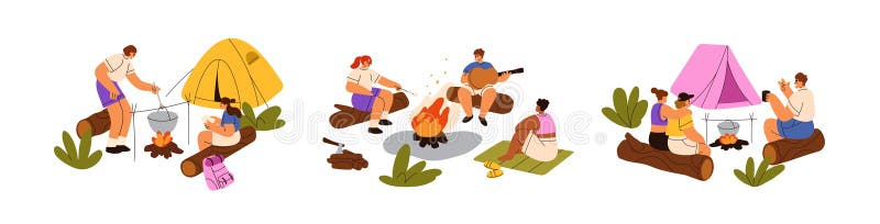 Outdoor camping set. Campers with tents, bonfire, cooking, relaxing, playing guitar, singing songs. Tourists at campfire