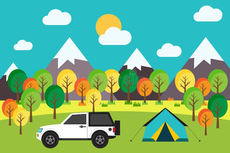 Outdoor Camping Trip in the Forest Flat Design Vector Illustration ...