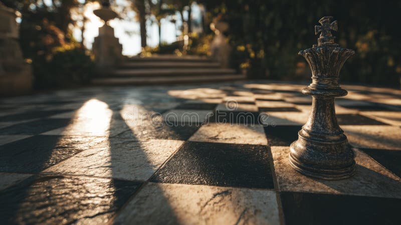 Outdoor Chessboard Scene with King Piece and Dramatic Shadows in Garden royalty free stock photos