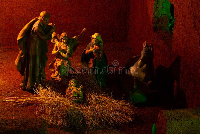 Outdoor Christmas Crib Scene Decorated with Lights Stock Photo Image