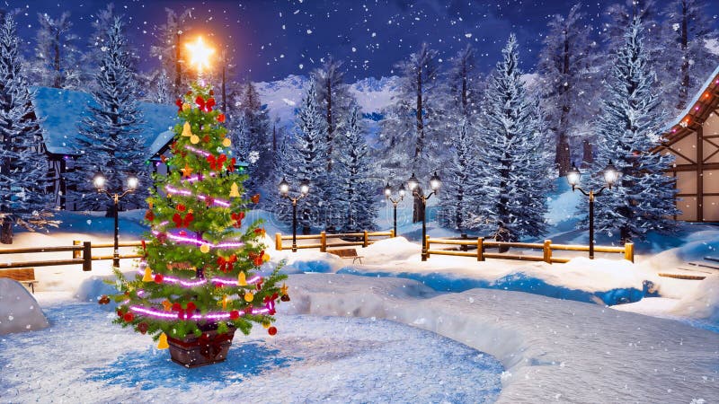 Outdoor Christmas Tree at Snowfall Winter Night Stock Image - Image of  lights, decoration: 133708789